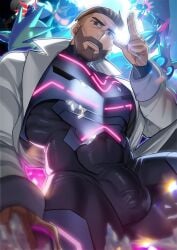 1boy absol_(dkqthf) bara barazoku beard big_bulge bulge clothing daddy facial_hair foreskin gay hairy huge_bulge looking_at_viewer male male_focus male_only manly muscular_male nintendo penis_outline pokemon pokemon_sv professor_turo solo solo_male tight_clothing