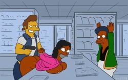 animated animated_gif apu_nahasapeemapetilon black_hair brown_hair clothed clothed_sex female gag gagged gif gun gunpoint indian manjula_nahasapeemapetilon netorare rape robber robbery sex snake_jailbird tape tape_gag the_simpsons vylfgor watching watching_sex