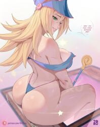 1girls arttoru ass bikini blonde_hair breasts dark_magician_girl dat_ass duel_monster english_text female female_only green_eyes hat hi_res hips huge_ass huge_breasts large_hat light-skinned_female light_skin long_hair rear_view smile solo text thick_thighs thighs wide_hips yu-gi-oh!