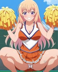 ai_generated big_breasts blonde_hair cheerleader cheerleader_uniform classroom_of_the_elite demens_kippy ichinose_honami_(cote) long_hair purple_hair slut slutty_outfit smiling_at_viewer spread_legs spreading_pussy wet_panties wet_pussy youkoso_jitsuryoku_shijou_shugi_no_kyoushitsu_e