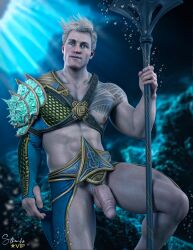 1boy 1human 3d 3d_artwork 3d_model aquaman aquaman_(series) arthur_curry blonde_hair dc flaccid flaccid_cock flaccid_penis human human_only injustice_2 light-skinned_male light_skin netherrealm_studios solo_male sthenhx tattooed_male trident underwater