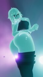 3d 3d_model ass ass backlighting below_view bodysuit clothed content_creator green_body green_hair green_skin looking_at_viewer maxi_the_muse see-through slime slime_girl slime_monster thighhighs vr_media vrchat vrchat_avatar vrchat_media vrchat_model