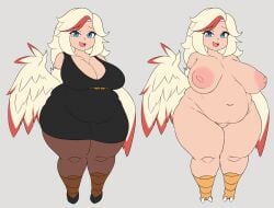 animal_humanoid avian avian_humanoid belly big_belly big_breasts blonde_hair blue_eyes breasts chicken_nugget_(kt80) european_mythology female greek_mythology hair harpy hi_res highlights_(coloring) huge_breasts humanoid kt80 kt80at looking_at_viewer model_sheet multicolored_hair mythological_avian mythological_creature mythology navel nude open_mouth overweight overweight_female overweight_humanoid red_highlights shortstack simple_background smile solo thick_thighs winged_humanoid wings