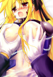 blonde_hair blush breast_grab breasts fate_testarossa kimura_chiruno long_hair lyrical_nanoha mahou_shoujo_lyrical_nanoha mahou_shoujo_lyrical_nanoha_strikers red_eyes see-through tied_hair twintails