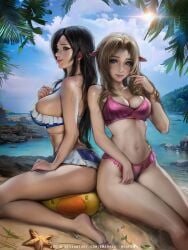 2girls aerith_gainsborough beach bikini black_hair breasts brown_hair cleavage earrings emerald_weapon_(artist) feet final_fantasy final_fantasy_vii final_fantasy_vii_remake large_breasts long_hair navel sea smile starfish swimsuit tifa_lockhart