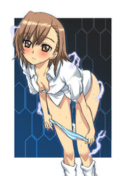 1girls biribiri blush breasts brown_eyes brown_hair cleavage down_blouse electricity electrokinesis female female_only flat_chest footwear highres human kneehighs loose_socks misaka_mikoto nagy no_bra open_clothes open_shirt panties panty_pull pussy_juice pussy_juice_trail shirt short_hair small_breasts socks solo striped striped_panties sweat teenage_girl teenager to_aru_kagaku_no_railgun to_aru_majutsu_no_index underwear undressing wet_pussy white_socks young