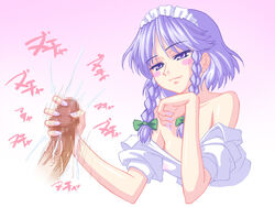 1girls 2d braid censored censored_penis female hanazuka_ryouji handjob male nail_polish nyanya penis sakuya_izayoi short_hair simple_background touhou twin_braids