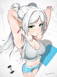 1girls armpits blush breasts cleavage clothing dumbell elf elf_ears elf_female exercise fit fit_female frieren green_eyes gym gym_clothes kuromasa midriff shorts solo sousou_no_frieren sports_bra sweat sweating sweaty sweaty_body twintails white_hair