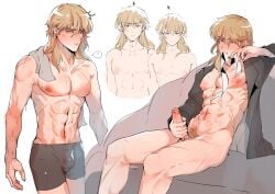 1boy ? abs ares_(fire_emblem) brown_eyes brown_hair bulge byebyefrog completely_nude fire_emblem fire_emblem:_genealogy_of_the_holy_war male male_only male_pubic_hair masturbation medium_hair mouth_hold multiple_views muscular muscular_male naked_shirt nintendo nude nude_male open_clothes open_shirt penis penis_bulge pubic_hair shirt shorts sitting sweat towel towel_around_neck underwear