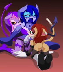 3girls anthro anthro_on_anthro anthro_penetrated anthro_penetrating anus armwear ass ass_up blue_body blue_hair blue_skin bodily_fluids bovid breasts caprine caprine_demon cat_tail cattyna_the_cat closed_eyes clothing coral_the_succubus_(sirjzau) demon doggy_style entwined_tails fan_character felid feline female female/female footwear from_behind_position genital_fluids genitals gloves goat goat_demon green_eyes group hair half-closed_eyes handwear hi_res horns kneeling legwear licking long_hair looking_at_another looking_at_partner looking_up mammal narrowed_eyes open_mouth oral pearl_the_succubus_(sirjzau) penetration penile penis penis_lick purple_body purple_fur purple_hair purple_skin pussy red_hair reverse_suspended_congress sex sex_toy shoes short_hair spade_tail spread_legs strap-on strapon succubus tail tan_fur tongue trio vaginal_fluids vaginal_penetration vaginal_sex yasjo yellow_eyes yuri