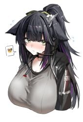 1girls animal_ears arknights black_hair cat_ears catgirl ears_down emoji female female_focus female_only green_eyes hair headphones horn/wood huge_breasts jessica_(arknights) jessica_the_liberated_(arknights) light-skinned_female light_skin long_hair looking_at_viewer looking_up messy messy_hair ponytail sadcat_(arknights) shy tagme