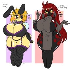 2girls 4_arms 4_eyes antennae anthro arachnid arthropod bee bee_girl big_breasts blowjob blush_stickers breasts breasts_bigger_than_head cleavage cleavage_cutout collar elbow_gloves eyeshadow fangs fishnet_legwear fishnet_stockings goth goth_girl hair insect long_hair monster_girl multi_arm multi_eye multi_limb navel nearly_nude neck_collar neck_tuft oc red_hair spider spider_girl sultry_eyes tagme thick_thighs thighhighs underwear voluptuous woebeeme