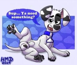 101_dalmatian_street animal_genitalia animal_penis balls ballsack black_spots canid canine canine canine_genitalia canine_penis canis cock collar dialogue dio_(101_dalmatians) dio_(oc) disney floppy_ears hmdkoba laying_on_side long_ears looking_at_viewer male mammal oc pawpads paws penis presenting presenting_body presenting_penis shaded shading sheath simple_background solo solo_male solo_male spots spotted_body spotted_fur spread_legs spreading tail talking talking_to_viewer white_body white_fur white_hair