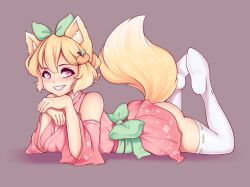 blonde_hair blue_bow fox_ears fox_girl fox_tail hair_ornament hopeless_peaches kitsune pink_eyes seductive short_hair tagme wide_hips youtube