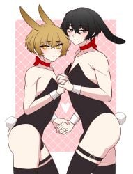 2boys bulge bunny_ears bunny_tail bunnysuit holding_hands limbus_company project_moon sinclair_(limbus_company) thighhighs thighs yi_sang_(limbus_company)