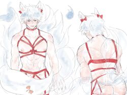 alternate_costume colored_sketch crossdressing fox_boy fox_ears fox_tail gintama gintoki_sakata hair_ribbon harness khanoon_k_myst kitsune kyuubi lingerie male male_only multi_tail muscular muscular_male pecs rear_view red_eyes solo white_hair youkai