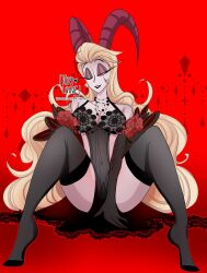 2d ady_laine blonde_hair demon demon_girl demon_horns flirting_look hazbin_hotel jewelry lilith_morningstar_(hazbin_hotel) lingerie long_hair medium_breasts milf mother pinup red_background rose rose_(flower) spread_legs spreading succubus teasing thighhighs vivienne_medrano wink winking winking_at_viewer