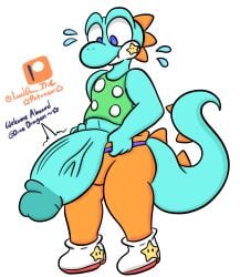 anthro big_penis blue_body blue_eyes bottomwear clothed clothing english_text footwear genitals hi_res huge_cock lewdchuu_(artist) male mario_(series) nintendo pants patreon penetration penis shirt shoes simple_background solo text topwear vein veiny_penis white_body yoshi