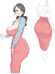 1girls ass ass_focus bangs black_eyes black_hair blue_cardigan blush blush_lines blushing breasts cardigan cleavage facing_away female from_behind hand_on_crotch hand_over_crotch large_ass large_breasts leebongchun long_ass looking_at_viewer mature mature_female medium_hair milf multiple_views necklace original original_character red_dress side_swept_bangs solo tube_dress wavy_hair white_background