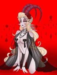 2d ady_laine blonde_hair chains demon demon_girl demon_horns exposed_pussy hazbin_hotel jewelry lilith_morningstar_(hazbin_hotel) lingerie long_hair medium_breasts milf mother pinup red_background rose rose_(flower) sitting succubus tassels vivienne_medrano