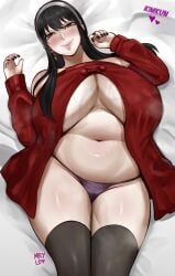 1girls black_hair breasts female female_only kimkun0162 large_breasts looking_at_viewer lying_on_back milileonaorochi red_eyes solo spy_x_family thighhighs thighs wide_hips yor_briar yor_forger