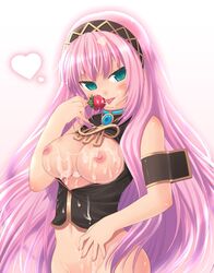 1girls amamiya_minato aqua_eyes breasts cum cum_on_body cum_on_breasts cum_on_upper_body erect_nipples female food fruit high_resolution long_hair megurine_luka midriff pink_hair solo strawberry tongue very_long_hair vocaloid