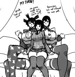 1boy 3girls 3girls1boy bound breast_smother cleavage_cutout clothed_female clothed_female_nude_male dialogue english_text erection foursome legs_crossed mosbles nude_male oc original original_character original_characters setena_(mosbles7) sketch thigh_sex thighhighs uncensored