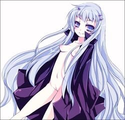 1girls blue_eyes blue_hair bluebell_(katekyo_hitman_reborn!) blush breasts cape female female_only flat_chest hair_ornament hairclip katekyo_hitman_reborn! long_hair nemasuba nude open_clothes perky_breasts pussy smile solo uncensored very_long_hair