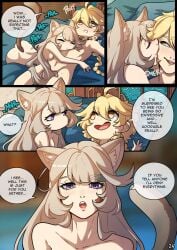 1boy 1girls aether_(genshin_impact) animal_ears bed blonde_hair cat_ears cat_tail catgirl comic english_text genshin_impact hair_censor kinkymation lynette_(genshin_impact) page_24 page_number purple_eyes tail text