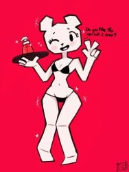 bear bear_girl bikini black_bikini blush cartoon_network female knees_together_feet_apart one_eye_closed paper papers red_background simple_background smile solo swimwear tagme tagme_(character) tawog teri_(tawog) the_amazing_world_of_gumball thigh_gap tray v white_body