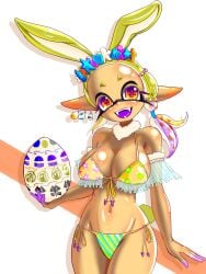 2024 big_breasts bikini bikini_bottom black_mask bra breasts bunny_ears dark-skinned_female dark_skin digital_media_(artwork) dipstick_fingers ear_piercing ear_ring easter easter_egg frye_(splatoon) frye_onaga headwear hi_res holding_egg holding_object humanoid_pointy_ears looking_at_viewer multicolored_bikini multicolored_eyes multicolored_hair nintendo open_mouth open_smile pointy_eared_humanoid pointy_ears pseudo_hair sharp_teeth splatoon splatoon_(series) splatoon_3 t2ukmyjm tentacle tentacle_hair thick_thighs white_background yellow_eyebrows yellow_eyelashes yellow_hair