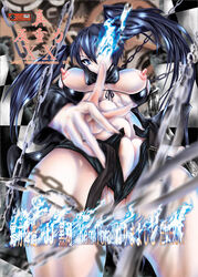 back_cover belt black_rock_shooter black_rock_shooter_(character) blue_eyes breasts chains coat erect_nipples female glowing glowing_eyes huge_breasts large_breasts long_hair nipples pussy shimokata_kouzou shorts tied_hair twintails