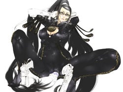 bayonetta bayonetta_(character) black_hair bodysuit breasts cleavage crotch_rub female fun glasses grinding large_breasts legs long_hair mumaya outercourse penis sega spread_legs thighs uncensored white_background