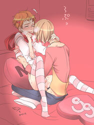 2boys anal androgynous blonde_hair blush brown_hair clothed_sex clothing crossdressing femboy food footwear fruit gay hair_ornament human human_only kumonosuke male male_only multiple_boys natts no_panties pillow pink_socks precure pretty_cure scarf sex short_hair socks stockings strawberry striped_socks sweat tears thigh_socks thighhighs upright_straddle white_socks yaoi yes!_precure_5