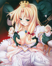 blonde_hair blush bow breast_grab breast_slip breasts cleavage copyright_request crown cute_fang detached_sleeves dress dress_pull green_eyes green_skin groping hat highres jewelry kneeling long_hair miyama-zero monster monster_rape necklace nipple_slip nipples no_bra one_breast_out open_mouth pendant princess rape restrained saliva spoils_of_war straight_hair tears thighhighs torn_clothes white_legwear white_thighhighs