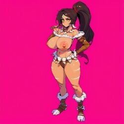 1girl 1girls ai_generated akan441 big_breasts black_hair black_hair_female breasts_out forehead_gem forehead_jewel gem_on_forehead green_eyes green_eyes_female jewel_on_forehead large_breasts league_of_legends nidalee pink_background ponytail ponytail_female riot_games skimpy skimpy_clothes tribal_markings tribal_tattoo tribal_tattoos