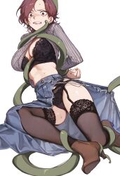 1girls arms_behind_back black_bra black_legwear black_panties black_thighhighs bra breasts brown_footwear brown_thighhighs character_request clenched_teeth clothes_lift clothing commission copyright_request denim denim_skirt earrings female green_tentacles high_heels highres jewelry long_skirt matching_underwear panties rape shiny_skin short_hair skirt solo spread_legs striped_clothes striped_sweater sweater sweater_lift tears teeth tentacle thighhighs torn_clothes torn_skirt underwear urasanmyaku wide_eyed wide_hips