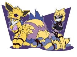 2girls anthro anthro_only arms_behind_back arms_tied arms_tied_behind_back bondage bra cleave_gag crotch_rope drider female galvantula jolteon kneeling legs_tied legs_together multiple_girls over_the_nose_gag panties pokémon_(species) pokemon raver1357 rope rope_bondage rope_harness underwear