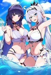 2girls ai_generated bikini blue_eyes boris_(noborhys)_(style) breasts honkai_impact_3rd kiana_kaslana long_hair raiden_mei reza3344 sliver_hair violet_eyes violet_hair