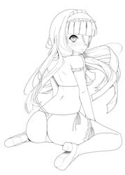 dream_c_club dreaming eye_patch kneeling lingerie long_hair looking_back mari_(dream_c_club) monochrome nipples ooishinaka_ni panties pointy_chin tanga thighhighs thong underwear very_long_hair