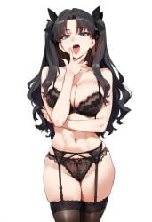 1girls ai_generated blue_eyes bra breasts brown_hair cunnilingus_gesture fate/stay_night fate_(series) female human inviting lingerie looking_at_viewer oral_invitation panties solo stockings teasing thighhighs thighs tohsaka_rin twintails type-moon