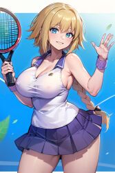 ai_generated blue_eyes fate/apocrypha fate_(series) jeanne_d'arc_(fate) jeanne_d'arc_(fate)_(all) pleated_skirt single_braid stable_diffusion tennis_racket tennis_uniform