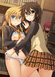 ass blonde_hair blood blue_eyes blush bookshelf bra bra_lift breasts brown_eyes brown_hair caught female frottage glasses highres hyakko indoors kageyama_torako kazamatsuri_touma library lingerie long_hair multiple_girls necktie nosebleed open_clothes open_shirt panties panty_pull peeping pikachi ponytail public red_hair school_uniform shirt shirt_lift short_hair skirt straight_hair striped striped_bra striped_panties tied_hair underwear undressing voyeurism yuri