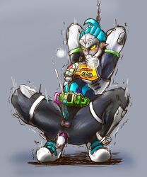 1boy anal anal_insertion anal_sex armor armored_male arms_behind_head arms_restrained arms_up ass belt blue_armor blush blush_lines bondage breath_cloud chains cum cumshot game_controller hands_behind_head heavy_breathing helmet hiiro_kagami kamen_rider kamen_rider_brave kamen_rider_ex-aid_(series) knight_armor knight_helmet legs_apart legs_spread male male_focus male_only mask masked masked_male orgasm penis penis_out solo squatting tears tears_in_eyes tkstero tremble_lines tremble_spikes trembling twitch_lines twitching vibrator vibrator_in_ass vibrator_insertion yellow_eyes