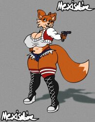 absurd_res anthro ass big_breasts big_butt big_tail black_lips boots bottomwear breasts bulge canid canine cleavage clothed clothing crop_top cutoffs denim denim_bottomwear denim_clothing erect_nipples eyelashes eyeliner female footwear fox futanari gun gynomorph handgun hi_res huge_breasts intersex jacket karen_the_fox_(mexisabine) knee_boots knee_highs legwear letterman_jacket lips lipstick makeup mammal mexisabine midriff nipple_outline nipples organs pistol ranged_weapon red_fox shirt shoes shorts slightly_chubby sneakers stomach tail thick_bottom_lip thick_thighs thigh_highs thong thong_straps topwear torn_clothing true_fox underwear weapon