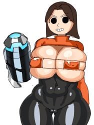 about_to_burst arm_cannon black_bodysuit black_eyes bodysuit brown_hair bursting_breasts cannon grin looking_at_viewer mii mii_gunner mii_gunner_(smash_4) nagogogogogo nagomami nintendo smile solid_circle_eyes square_bikini super_smash_bros.