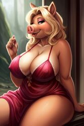 ai_generated anthro anthro_female big_breasts blonde_hair chubby furry furry_female heavy_breasts large_breasts lingerie looking_at_viewer miss_piggy nightgown pig pig_girl red_dress rimwalker sagging_breasts silk_clothing sitting thick thick_thighs voluptuous voluptuous_female