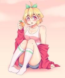 blonde_hair holding_object hopeless_peaches pink_eyes short_hair socks tagme wide_hips youtube