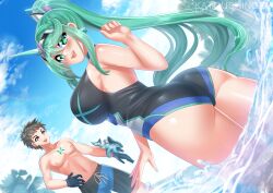 1boy 1girls ass breasts female green_eyes green_hair highres horn_ornament horns katou_shinobu large_breasts long_hair matching_hair/eyes ocean one-piece_swimsuit pneuma_(xenoblade) ponytail rex_(xenoblade) swept_bangs swimsuit very_long_hair water xenoblade_chronicles_(series) xenoblade_chronicles_2