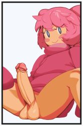 1boy balls_on_floor big_penis bottomless cute cute_male erect_penis erection femboy fridge_(artist) kirby_(series) kirby_boy large_penis male_only penis pink_hair sitting smile